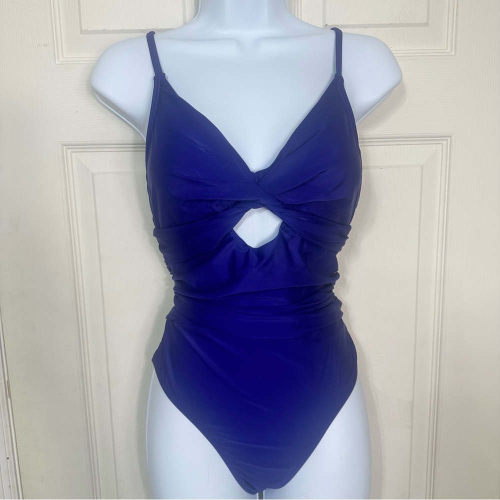 NWT Cupshe One Piece Swimsuit Blue Cutout, Ruching Size Medium
